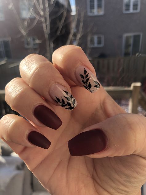 Black Leaf Nails, Burgundy And Nude Nails, Leaf Nails, Nails With Black, Burgundy Nails, Vine Leaves, Nail Tattoo, Black Leaves, Fall Nail Designs