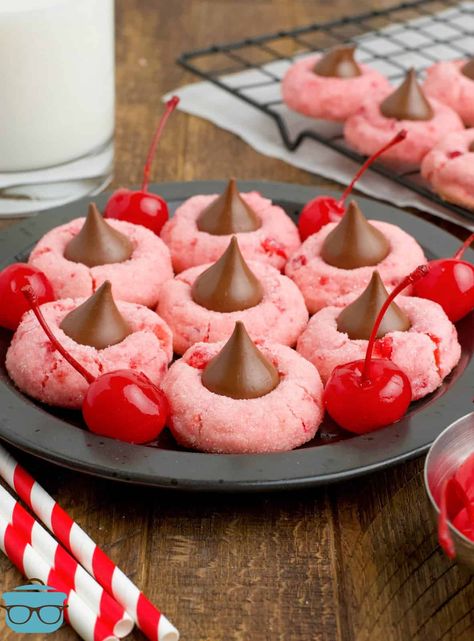 A plate of Cherry Blossom Cookies with a few cherries around the cookies on the plate. Cherry Blossom Cookies, The Best Cookies, Best Cookies Ever, Cherry Cookies, Cookies Soft, Blossom Cookies, Kiss Cookies, Best Cookies, Incredible Recipes