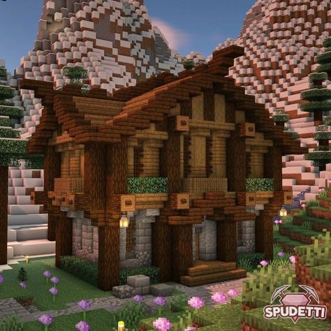 Minecraft Woodcutter House, Medium Minecraft Houses, Spruce House Minecraft, Minecraft Wooden House, Minecraft Mountain House, Minecraft Building Ideas, Oak House, Minecraft Structures, Minecraft Interior Design