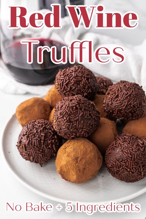 Red Wine Truffles - An elegant spin on classic dark chocolate truffles made with red wine! This 5 ingredient no bake dessert is perfect for Valentine's Day! Truffle Recipes | Chocolate Truffles | Red Wine Desserts | Boozy Truffles | Red Wine Truffle Recipe #dessert #valentinesday Cayenne Chocolate Truffles, Boozy Treats Easy, Red Wine Chocolate Truffles, Wine Infused Desserts, California Dessert Recipes, Wine Desserts Recipes, Boozy Christmas Desserts, Boozy Dessert Recipes, Tequila Truffles