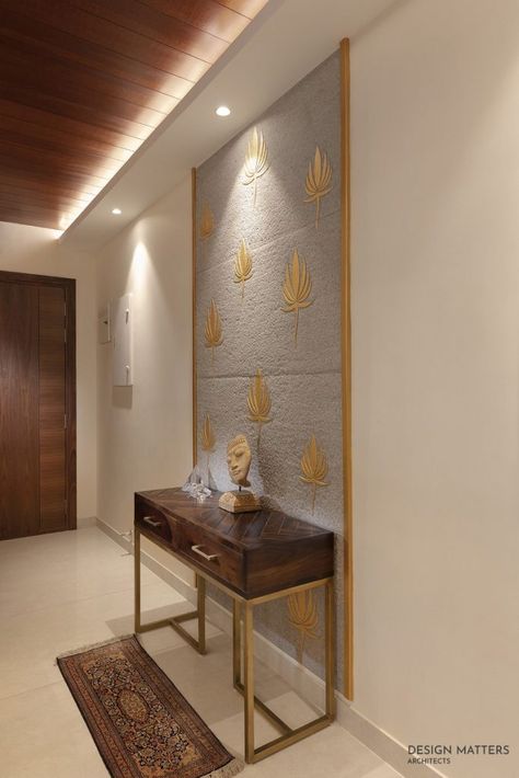 Contemporary Apartment Interior Embracing Client's Lifestyle And Art Choices | Design Matters Architects Furdo - The Architects Diary Lobby Interior Design Home Indian, Contemporary Apartment Interior, Living Room Designs India, Pooja Unit, Indian Room, Temple Design For Home, Office Lobby, Hall Interior Design, Pooja Room Door Design