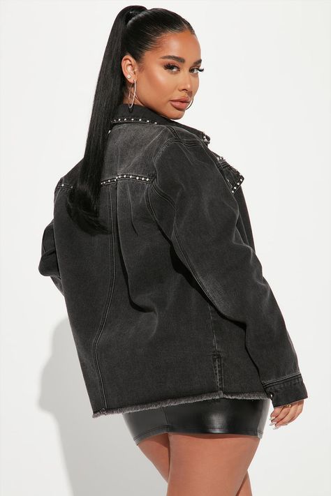 Denim Shacket, Stephanie Rao, Embellished Denim Jacket, Studded Denim, Embellished Denim, Black Denim Jacket, Curve Dresses, Star Studs, Mens Activewear