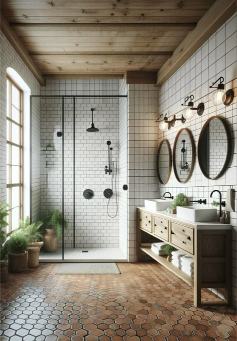 Terracotta In Bathroom, Modern Farmhouse Tile Floor Bathroom, Farmhouse Rustic Bathroom, Rustic Bathroom Accessories, Rustic Modern Bathroom, Modern Farmhouse Bathroom Ideas, Dark Grout, Rustic Bathroom Ideas, Farmhouse Bathroom Design