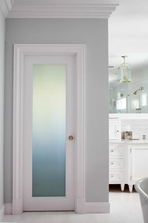 Fantastic bathroom boasts a frosted glass water closet door accented with a brass door knob. Bathroom Closet Door Ideas, Bathroom Door Ideas, Glass Bathroom Door, Small Closet Door Ideas, Toilet Door, Frosted Glass Door, Bathroom Closet, Closet Door, Glass Bathroom