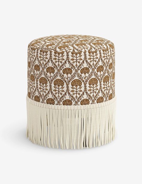 Alair Round Fringe Ottoman Burled Wood Furniture, Disc Interiors, Accent Ottoman, Hollywood Homes, Bright Living Room, Long Lumbar Pillow, Lulu And Georgia, Round Ottoman, Outdoor Furniture Collections