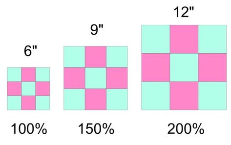 Scaling Quilt Blocks - The Sewing Directory How To Resize Quilt Blocks, Quilt Shortcuts, Themed Quilts, Quilting Math, Bear Paw Quilt, Pinwheel Block, Quilt Tips, Basic Quilt, Miniature Quilts