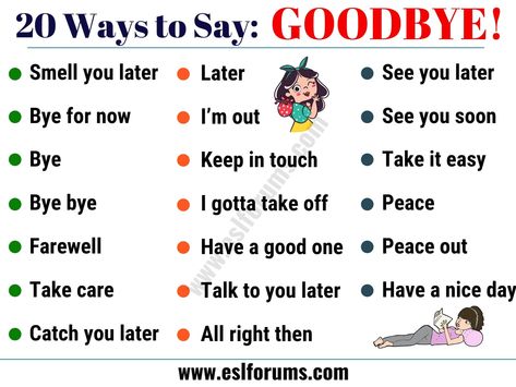 20 Funny Ways to Say GOODBYE in English! - ESL Forums Ways To Say Goodbye, Vocabulary Sentences, Educational Websites For Kids, Social Skills For Kids, Other Ways To Say, Esl Lesson Plans, Conversational English, Esl Lessons, English Verbs