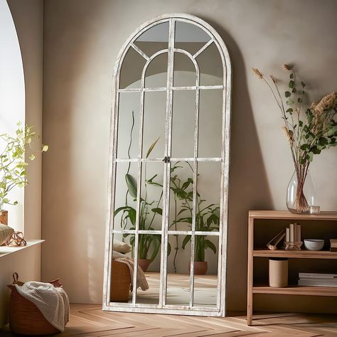 Arched Full Length Mirror, Arched Window Mirror, Window Pane Mirror, Hallway Mirror, Farmhouse Mirrors, Mirror Wall Living Room, Mirror Wall Bedroom, White Frames, Weathered White