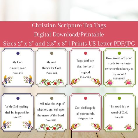 This Tags item by TinaJoyDesign has 63 favorites from Etsy shoppers. Ships from United States. Listed on Nov 12, 2023 Scripture Tea Tags, Scripture Tea, Tea Tag, Women's Retreat, Tea Decor, Scripture Gift, Womens Tea, Tea Party Favors, Beautiful Scripture