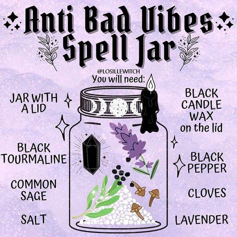 Losille’s Coven 🔮✨ on Instagram: “Anti Bad Vibes Spell Jar 🚪🔮✨ Use it to get your good vibes back, to add protection & to keep you and your family safe from negative…” Spell Jars Self Love, Self Love Spell Jar For Someone Else, Intention Spell Jar, Self Love Sigil, Self Love Witchcraft, Self Love Spell Jar, Love Spell Jar, Self Love Spell, Wicca Recipes