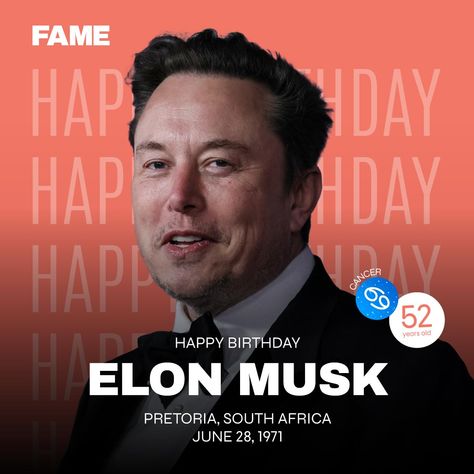 Happy Birthday, Elon Musk! Your innovations are changing the world. Have a blast!

#FAME #FAMEMAG #FAMEMAGAZINE #ElonMusk Celeb Birthday, Changing The World, Having A Blast, Elon Musk, Change The World, Happy Birthday, The World, Birthday