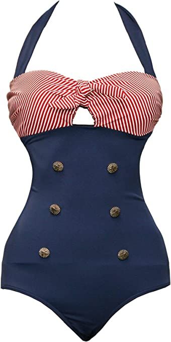 bslingerie Women 1950S Retro Vintage Push Up Monokini One Piece Swimsuit 1950s Bathing Suits, Stile Pin Up, One Piece Swimsuit Plus Size, Swimsuit Plus Size, Plus Size Clothing Stores, Retro Swimwear, Vintage Bathing Suits, Modest Swimsuits, Vintage Swimwear