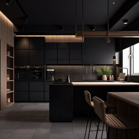 Kitchen ,residential Design, Residential 3D Modelling, 3D Rendering, E Design Services, Residential Decor Planning, Interior Designer - Etsy UK All Black Kitchen, Sophisticated Kitchen, Modern Black Kitchen, Серая Кухня, Craft Spaces, Minimalist Monochrome, Black Countertops, Black Appliances, Design Journal