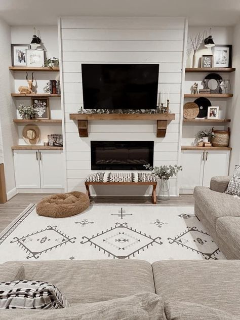 Boho Farmhouse Large Wall Decor, Living Room Inspo Modern Farmhouse, Small Living Room Mantle, Shiplap Fireplace With Built Ins On Both Sides, Fireplace With Entertainment Center, Apartment Fireplace Decor With Tv, Shiplap Wall Family Room, Gas Fireplace Without Chimney, Living Room Fireplace Ideas Farmhouse