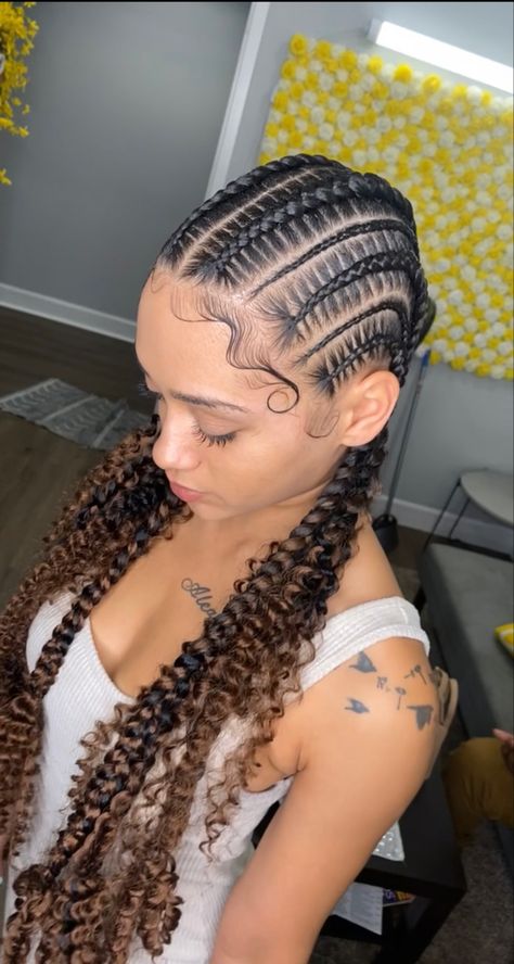 Stitch braided feed ins with goddess ends and small braids in between Braids With Goddess Ends, Hairstyles All Back, Braids Hair Ideas, Long Braided Hairstyles, Feed Ins, The Trend Spotter, Summer Braids, Loc Extensions, Feed In Braids Hairstyles