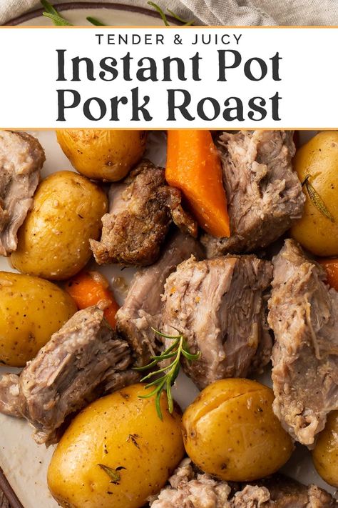 This Instant Pot pork roast is deliciously tender, moist, and savory, with perfectly cooked veggies like potatoes and carrots, all smothered in a rich gravy. This one-pot dinner cooks a pork roast so much faster, thanks to the Instant Pot, and there's just so much flavor! Instant Pot Roast Recipe, Instant Pot Pork Roast Recipe, Pressure Cooker Pork Roast, Boneless Pork Loin Recipes, Instant Pot Roast, Pork Stew Recipes, Boneless Pork Loin Roast, Pork Roast Recipe, Pressure Cooker Pork