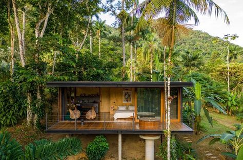 Tropical Cabin House, Jungle Homes, Small Tropical House, Tropical Cabin, Jungle Vacation, House Built Into Hillside, Brazil Architecture, Costa Rica House, House In The Forest