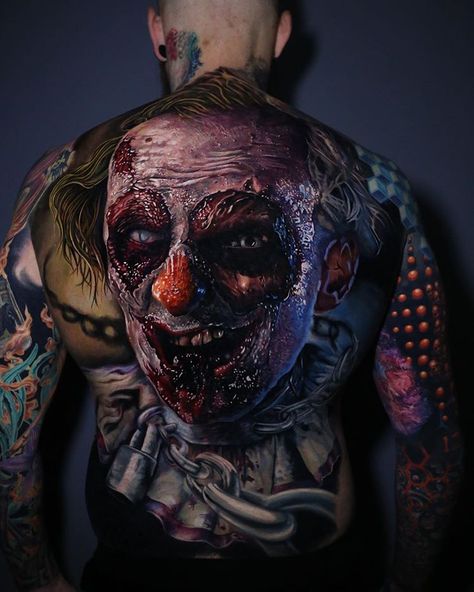 Clown Tattoo, Tattoo Henna, Scary Tattoos, Full Back Tattoos, Joker Tattoo, Back Tattoos For Guys, Creepy Tattoos, 3d Tattoos, Horror Tattoo