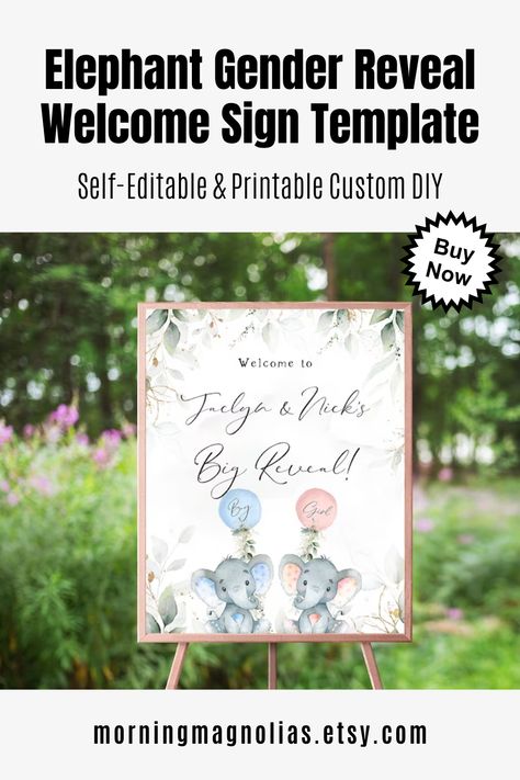 Elephant Gender Reveal Welcome Sign, Pink And Blue Watercolor Balloons, Botanical Eucalyptus Gold Greenery, Gender Reveal Party, Succulents. Greenery Gender Reveal, Elephant Gender Reveal, Watercolor Balloons, Welcome Sign Template, Big Reveal, Reveal Party, Sign Templates, Reveal Parties, Blue Watercolor