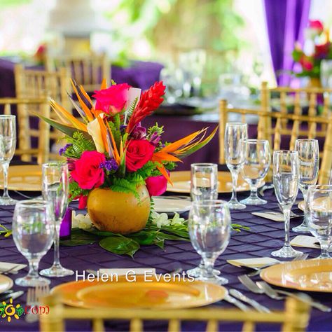 Coconut Shell Wedding centerpiece and decor by Helen G Events Jamaica for wedding in Montego Bay, Jamaica #helengevents #destinationweddings #weddingsinjamaica #weddingcenterpiece #jamaicaweddings #jamaica  #visitjamaica #weddingdecor #weddingdecorinjamaica Jamaica Flower, Shell Wedding, Tropical Centerpieces, Coconut Flower, Tropical Glam, Visit Jamaica, Coconut Leaves, Montego Bay Jamaica, Havana Nights