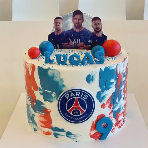 Psg Soccer Cake Ideas, Psg Birthday Cake Ideas, Psg Cakes Ideas, Paris Saint Germain Cake, Messi Cake Ideas, Messi Birthday Cake, Football Cakes For Boys, Neymar Birthday, Messi Cake