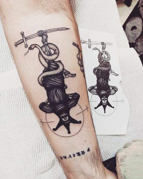 Micah Ulrich The Hanged Man Tattoo, Hanged Man Tattoo, Esoteric Tattoo, Micah Ulrich, Inner Wrist Tattoos, Black And Grey Tattoos For Men, Alchemy Tattoo, Left Arm Tattoos, Master Tattoo