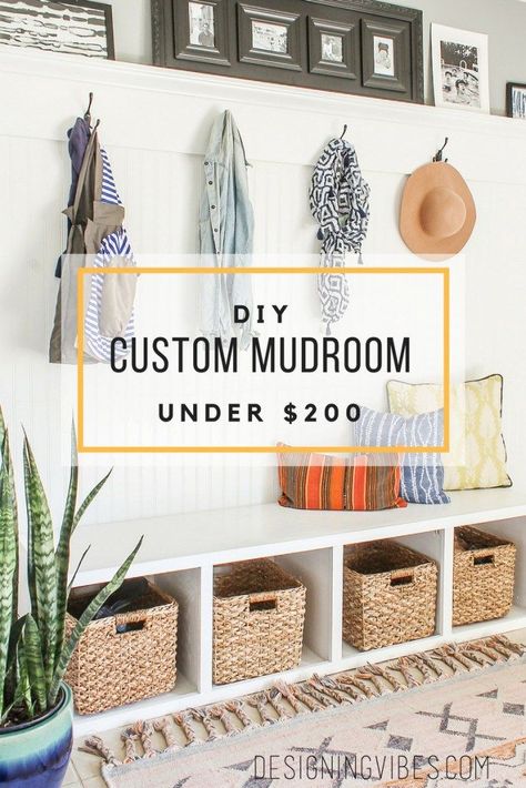 diy custom mudroom under $200 tutorial. built in bench and beadboard wall with hooks Custom Mudroom, Beadboard Wall, Bead Board Walls, Mudroom Entryway, Mudroom Decor, Diy Mudroom Bench, Farmhouse Side Table, Diy Entryway, Mudroom Design