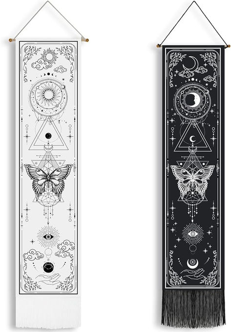 Newwiee 2 Pcs Black and White Vertical Tapestry Sun and Moon Moth Vintage Tapestry Aesthetic Hanging Gothic Witchy Tapestry for Halloween Living Room and Bedroom Wall Decor,12.8 x 53.1 Inches Witchy Tapestry, Gothic Tapestry, Tapestry Aesthetic, College Dorm Room Inspiration, Gothic Decor Bedroom, Halloween Living Room, Witchy Room, Sun And Moon Tapestry, Goth Room Decor