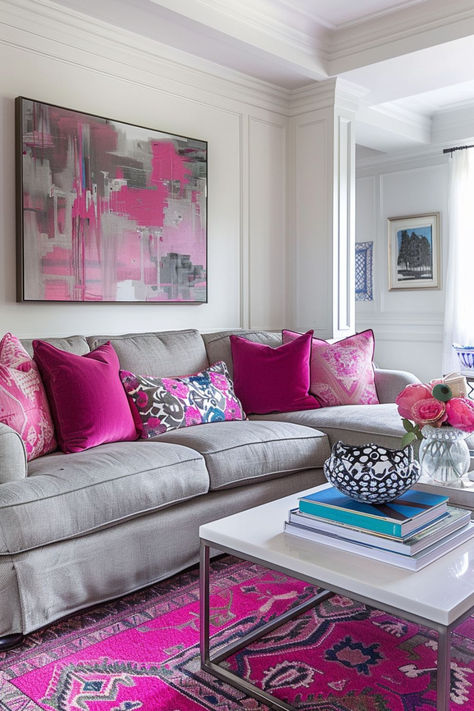 Discover breathtaking ideas that will transform your space into a chic haven. From blush accents to sleek gray furniture, these ideas strike the perfect balance between elegance and modernity.  Click now to explore the world of pink and gray living room ideas! #PinkAndGrayLivingRoom #HomeDecorInspiration #DreamySpace Navy And Fuschia Living Room, Grey Couch Living Room Ideas Colorful, Pink Pillows Living Room, Gray Living Room With Pop Of Color, Pink And Blue Living Room Ideas, Pink Gray Living Room, Gray And Pink Living Room, Pink And Gray Living Room, Pink Airbnb