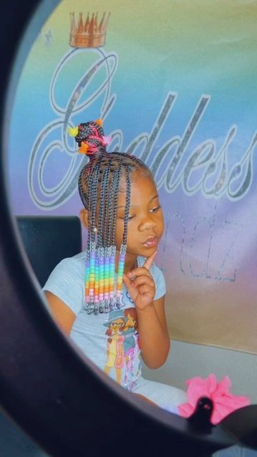 Braided Ponytail With Bangs For Kids, Rainbow Beads Hair Braids, Rainbow Braids For Kids, Top Knot With Bangs, Lil Girl Hairstyles Braids, Parody Flicks, Corn Row, Hair Braid Beads, Goddess Hair