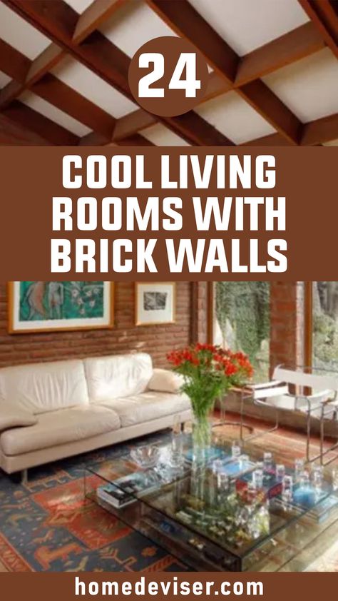 24 Cool Living Rooms With Brick Walls Decorating With Brick Walls Interiors, Solid Brick Wall Fireplace, Floating Shelf On Brick Wall, White Wash Brick Wall Living Rooms, Living Room With Brick Wall Fireplace, Red Brick House Interior Living Rooms, Brick Wall In Basement, How To Decorate A Brick Wall Interiors, Sunroom With Brick Wall