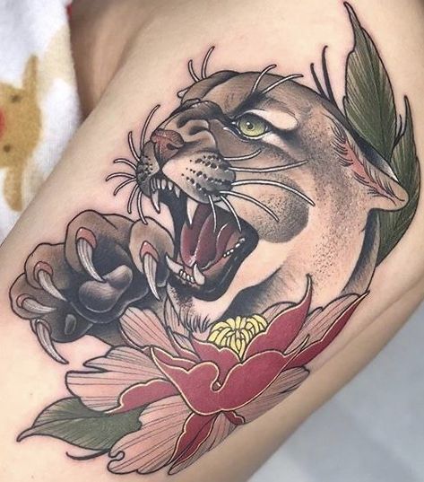 Neo Trad Panther Tattoo, Mountain Lion Tattoo Traditional, Neotraditional Panther Tattoo, Neo Traditional Animals, Neo Traditional Panther Tattoo, Puma Tattoo Design, Neo Traditional Panther, Mountain Lion Tattoo, Cougar Tattoo