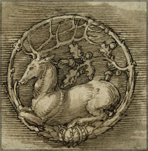 Albrecht Dürer "Ornament with a Deer Lying in a Circle of Oak Branches" (16th Century) | Flickr - Photo Sharing! Oak Branch, Deer Illustration, Albrecht Dürer, Hieronymus Bosch, Graphic Design Elements, Albrecht Durer, A Deer, Grand Palais, Medieval Art