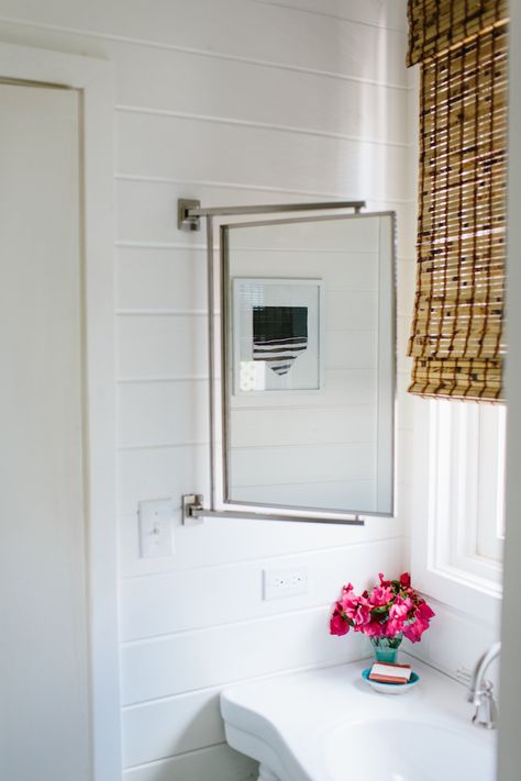 Bathroom Door To Outside, Window Bathroom Mirror, Hinged Bathroom Mirror, Bathroom Vanity Below Window, Bathroom Sink Under Window Ideas, Pull Out Mirror Bathroom, Sink In Front Of Window Bathroom, Built In Mirror Bathroom, Window Over Bathroom Vanity