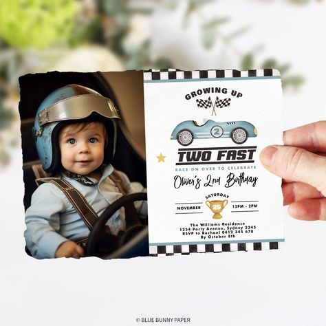 Editable Two Fast 2nd Birthday Photo Invitation Race Car Birthday Invite Vintage Blue Racing Car Party Printable Template Download RC1 Two Fast 2 Curious, Racing Car Party, Blue Race Car, Luau Birthday Invitations, 2nd Birthday Photos, Car Party, Race Car Party, Photo Birthday Invitations, Luau Birthday