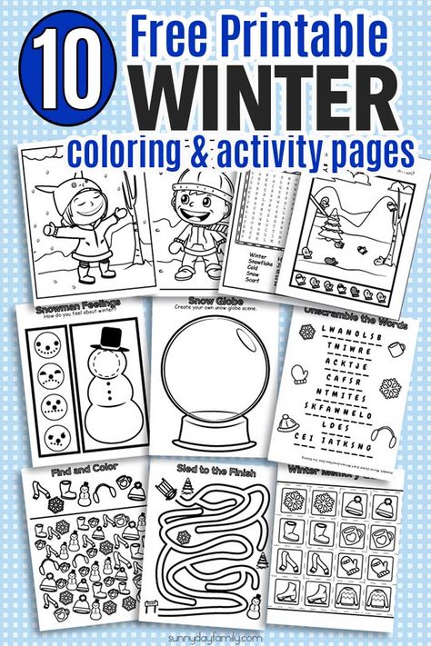 HUGE pack of printable winter coloring pages and winter activities for kids! Includes coloring pages, puzzles, games, seek and find, and winter matching, all in ink friendly black and white so kids can color them too. Perfect for winter break, snow days, sick days, or anytime! #wintertheme #printables #coloringpages #kidsactivities Winter Worksheets For Kids, Printable Winter Coloring Pages, Activity Pages For Kids, Winter Break Activities, Winter Coloring Pages, Winter Printables, January Activities, Winter Classroom, Winter Kindergarten