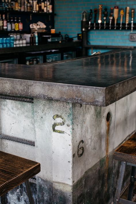 Concrete Bar Countertops, Concrete Bar Top Restaurant, Rustic Industrial Bar Design, Cement Bar Top, Mezcal Bar Design, Concrete Bar Design, Concrete Bar Counter, Concrete Bartop, Bartop Ideas