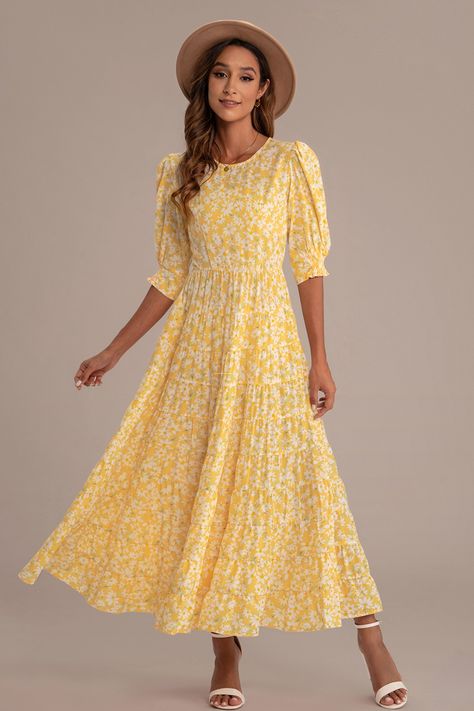 Yellow New Trendy Dresses, Solid Midi Dress, Solid Maxi Dress, Cute Modest Outfits, Vintage Boho Fashion, Casual Day Dresses, Half Sleeve Dresses, Comfy Dresses, Cotton Midi Dress