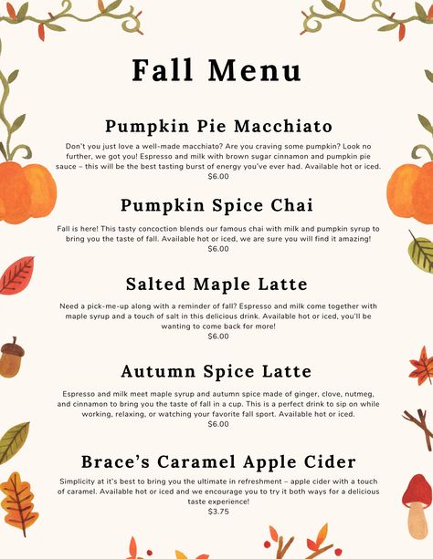 Fall Flavored Coffee Drinks, Fall Barista Drinks, Coffee Shop Fall Drinks, Fall Coffee Menu Ideas, Fall Inspired Coffee Drinks, Fall Bakery Menu Ideas, September Coffee Drinks, Coffee Bar Menu Ideas, Fall Drink Specials