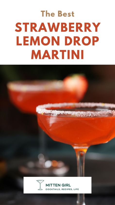 A little sweet and a lot tart, this Strawberry Lemon Drop Martini cocktail is full of bright summer flavors. Made with vodka, fresh lemon juice, homemade strawberry syrup, and orange liqueur, it's a fresh fruity drink that's perfect to serve at your next summer party. Strawberry Lemon Drop Martini Recipes, Strawberry Lemon Drop Martini, Strawberry Lemon Drop, Fruity Rum Drinks, Homemade Strawberry Syrup, Tart Strawberry, Strawberry Martini, Lemon Drop Cocktail, Vodka Cocktails Easy