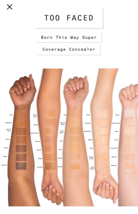 2020 concealer swatches Concealer Guide, Concealer For Dark Skin, Concealer Swatches, Seashell Cookies, Type Of Makeup, Applying Concealer, Born This Way Concealer, Dream Makeup, Concealer Shades