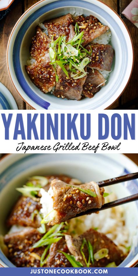 Pan-seared beef meets sweet and savory BBQ sauce in this mouthwatering Yakiniku Don. Served over fluffy steamed rice, this Japanese grilled beef bowl is quick and satisfying. Make it in just 10 minutes with a homemade sauce for the ultimate weeknight meal! Japanese Grill Recipes, Japanese Beef Recipes, Japanese Lunch Recipes, Easy Japanese Recipes Dinners, Yakiniku Recipe, Japanese Dinner Ideas, Yakimeshi Recipe, Japanese Food Dishes, Chef Taro