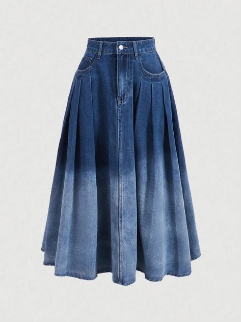 SHEIN MOD Ladies Gradient Denim Pleated Half-length Umbrella Skirt | SHEIN USA Flare Skirt Outfit, Flared Denim Skirt, Denim Skirt Outfits, Umbrella Skirt, Shein Outfits, Denim Skirt Women, Denim Skirts, Classy Casual Outfits, Classy Casual