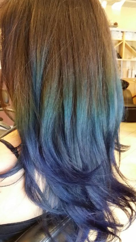 Redhead Hair Dye Ideas, Light Brown To Blue Ombre Hair, Brown Hair Faded Into Blue, Brown And Blue Ombre Hair, Brown And Blue Hair Ombre, Blue Hair Dip Dye, Light Brown Hair With Blue Tips, Blue Tips On Brown Hair, Cerulean Blue Hair