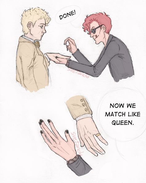 Have some Crowley painting Aziraphale's nails so they can match like Freddie and Brian did 😚💕 I found the idea really nice so I hope you like it as well!! (I made some mistakes while drawing this but... The Good Omens, Good Omens Fanart, Aziraphale X Crowley, Crowley And Aziraphale, Crowley X Aziraphale, Good Omens Ineffable Husbands, Crowley Aziraphale, Good Omens Book, Beginning Reading