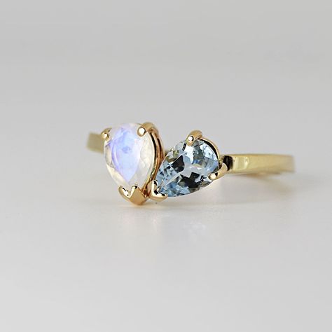 Toi Et Moi Ring Moonstone, Aquamarine Opal Engagement Ring, Aquamarine And Opal Engagement Ring, Ethical Engagement Rings, Opal And Aquamarine Ring, Trendy Engagement Rings, Two Stone Ring, Ring Cluster, Aquamarine Engagement Ring