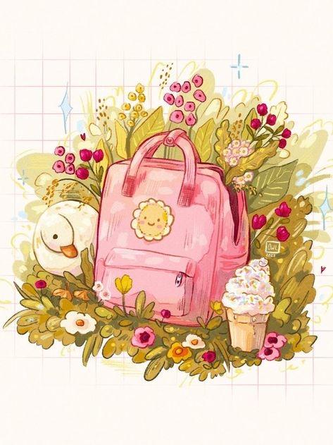 Cute pink backpack a chubby duck and ice cream - a perfect summer day 💖🌼 #digitalillustration #cuteart Cute Summer Illustration, Cute Pink Backpack, Backpack Illustration, Backpack Drawing, Ice Cream Illustration, Duck Illustration, Summer Journal, Perfect Summer Day, Summer Illustration