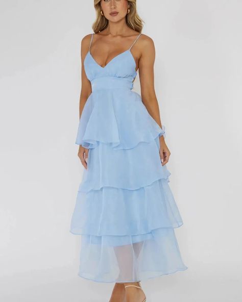 Best trending outfit 😍 in Europe and in America . . Your new wholesale haven haven 🥰 available all fashion items on wholesale price 💕 Buy more save more #WomenWear #wholesale #Fashionista European And American Organza INS Deep V-neck Backless Sling Dress Leisure Vacation Blue Dress With Ruffles, Pastel Bridesmaid Dress, Dress Ideas For Wedding Guest, Light Blue Ruffle Dress, Blue Tiered Dress, Talavera Wedding, Cornflower Blue Dress, Blue Ruffle Dress, Ruffle Dresses