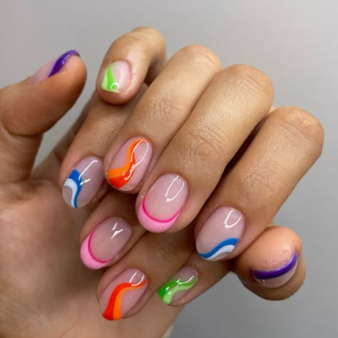 Colorful Swirl French Tip Nails, Abstract Rainbow Nails, One Hand Design Nails, Rainbow Nails French Tip, Rainbow Swirl Nails, Funky French Tip Nails, Squiggly Nails, Pride Nail Ideas, Rainbow French Tip Nails