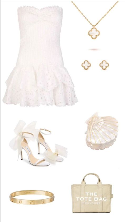 White Dress Preppy, Expensive Outfits Summer, Girly Polyvore Outfits, White Preppy Dress, Summer Outfit Collage, Outfit Collage Aesthetic, Mermaid Closet, Formal Dinner Outfit, Expensive Outfits